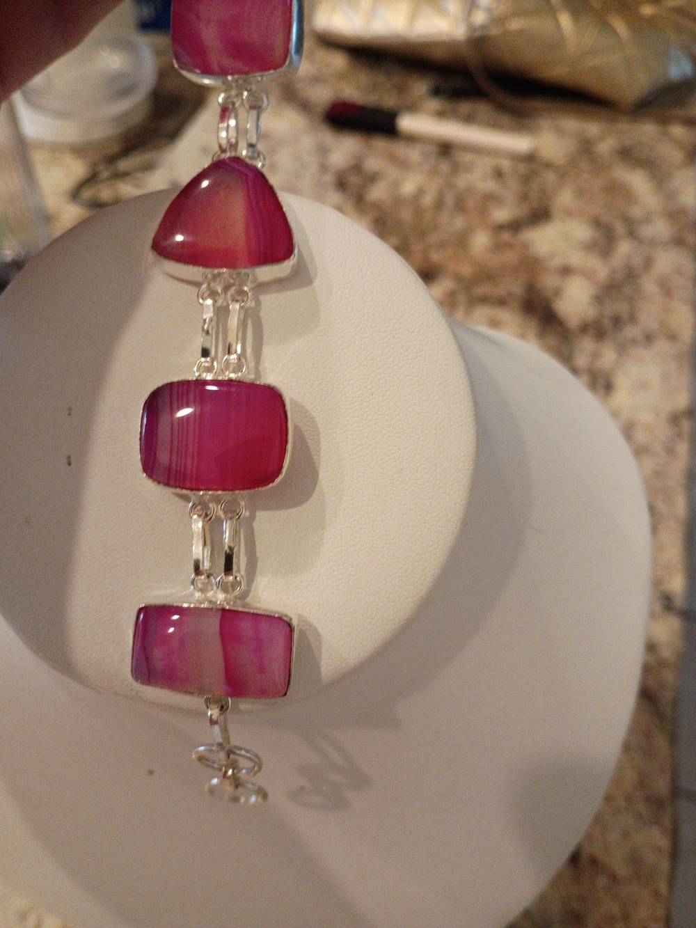 Pink Agate Statement Bracelet Really Beautiful Patterns In Stones! - Picture 5 of 7